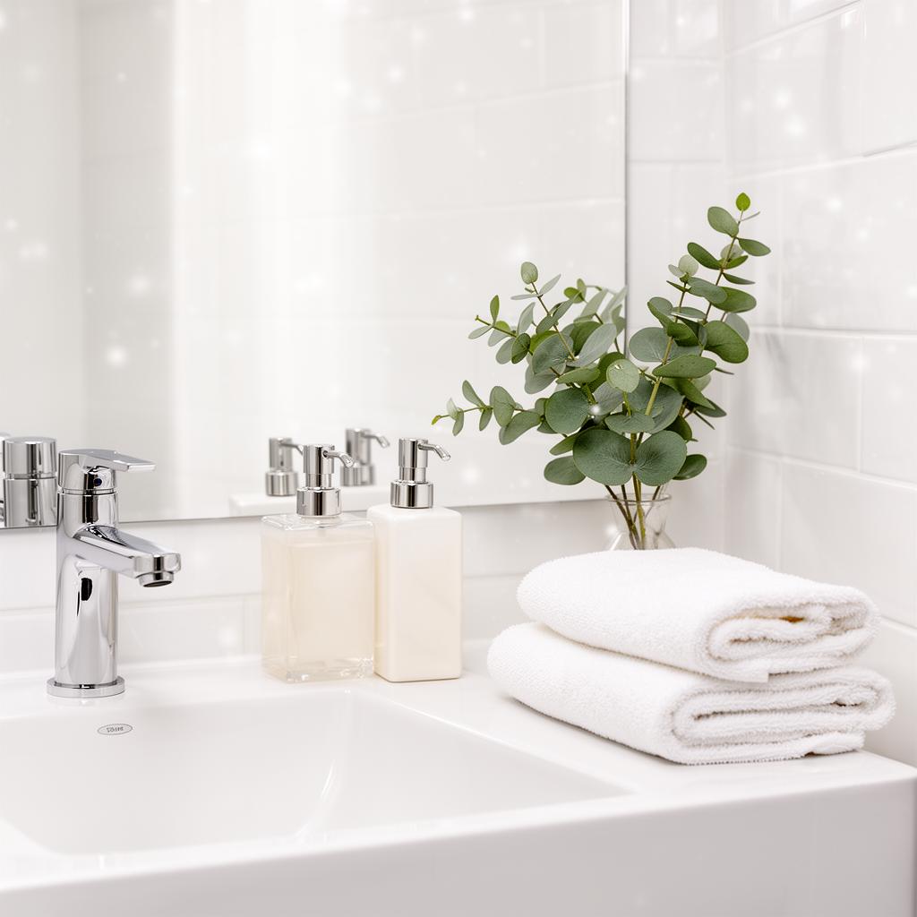 Pristine bathroom with folded white towels and fresh eucalyptus