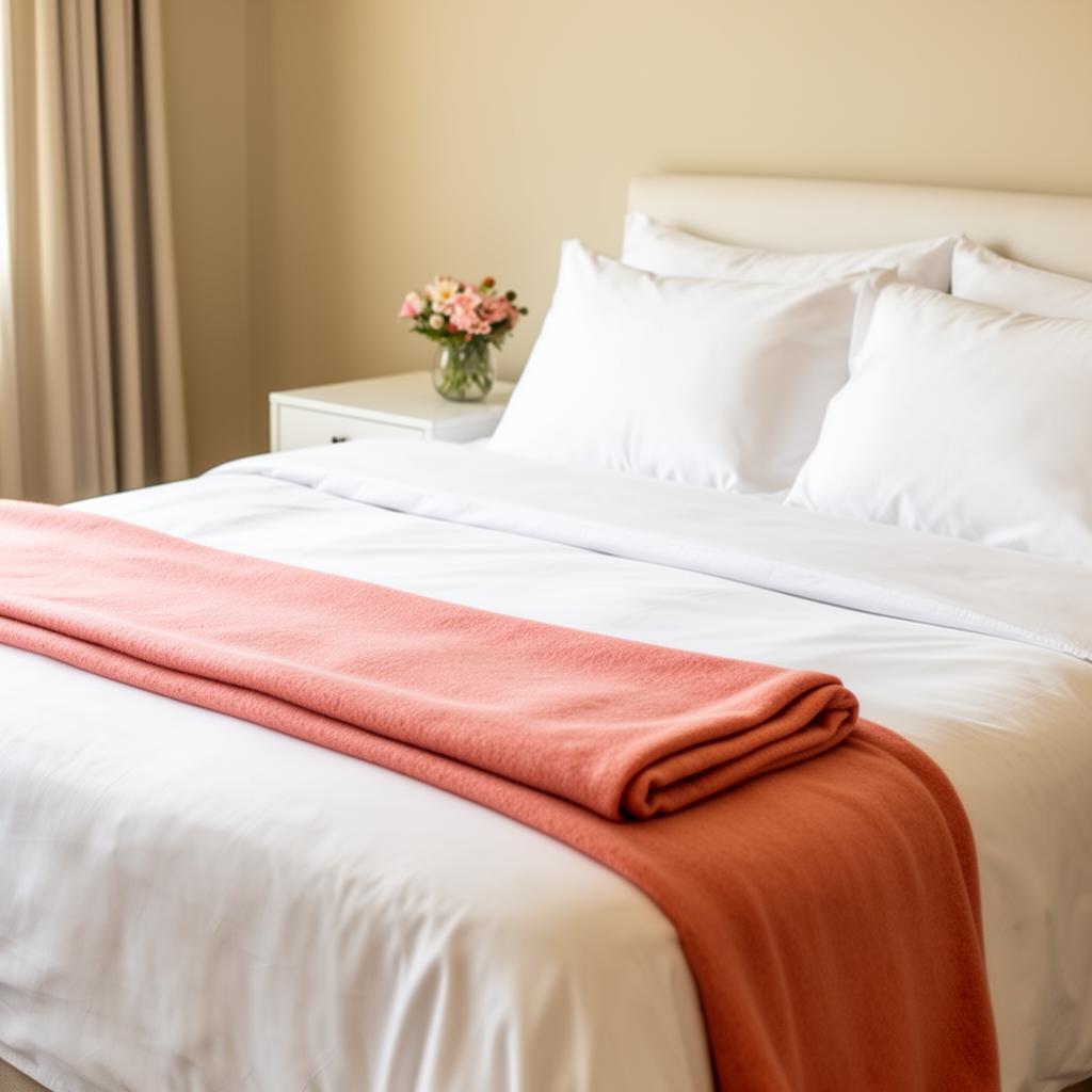 Neatly made bed with crisp white linens and coral throw