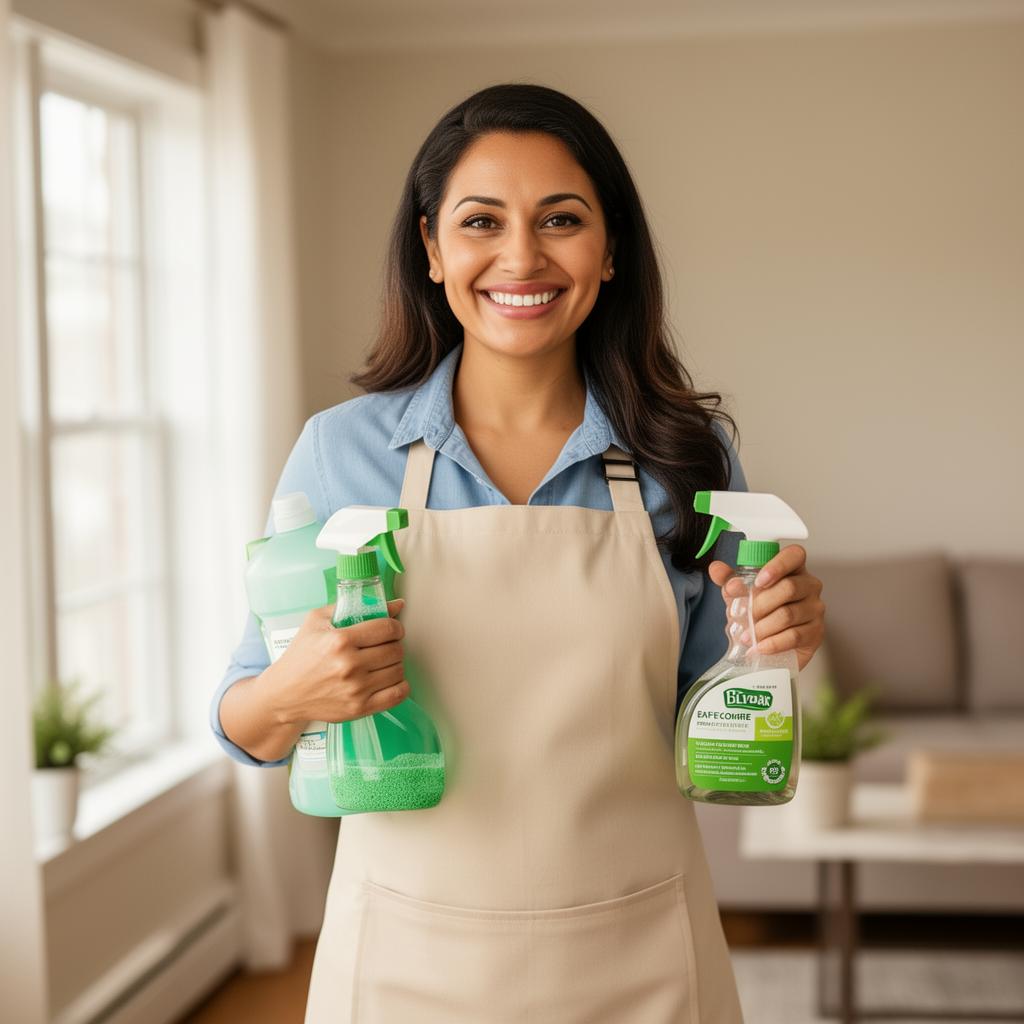 Friendly housekeeper smiling, holding eco-friendly cleaning supplies